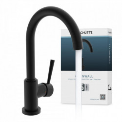 Schwarze Küchenarmatur mit hohem, gebogenem Auslauf und seitlichem Hebel mit Wasserstrahl