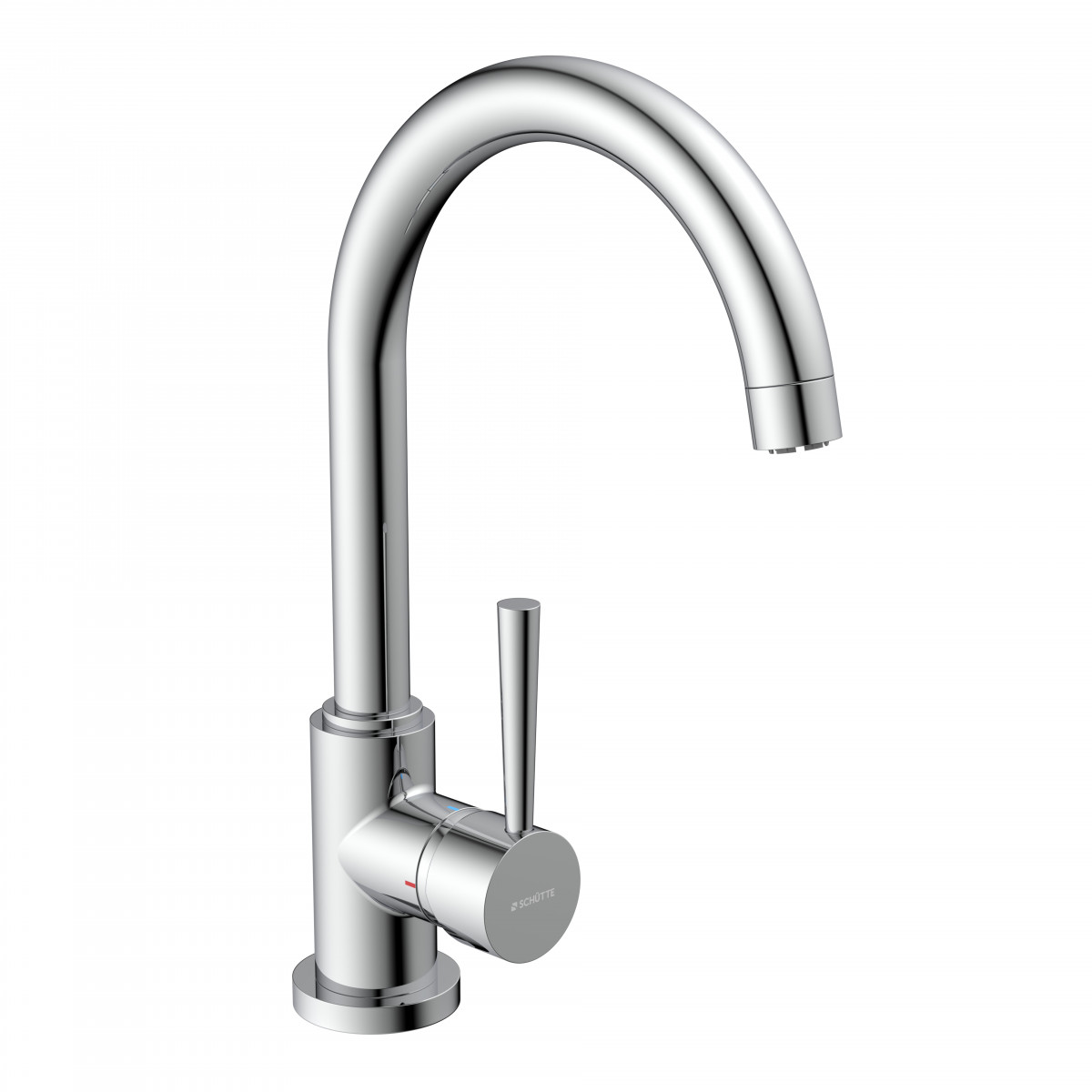 Verchromte Küchenarmatur mit hohem, gebogenem Auslauf und seitlichem Hebel.
