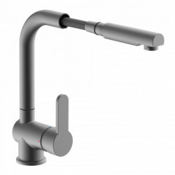 Küchenarmatur mit ausziehbarem Brauseschlauch und seitlichem Hebelgriff in Edelstahloptik