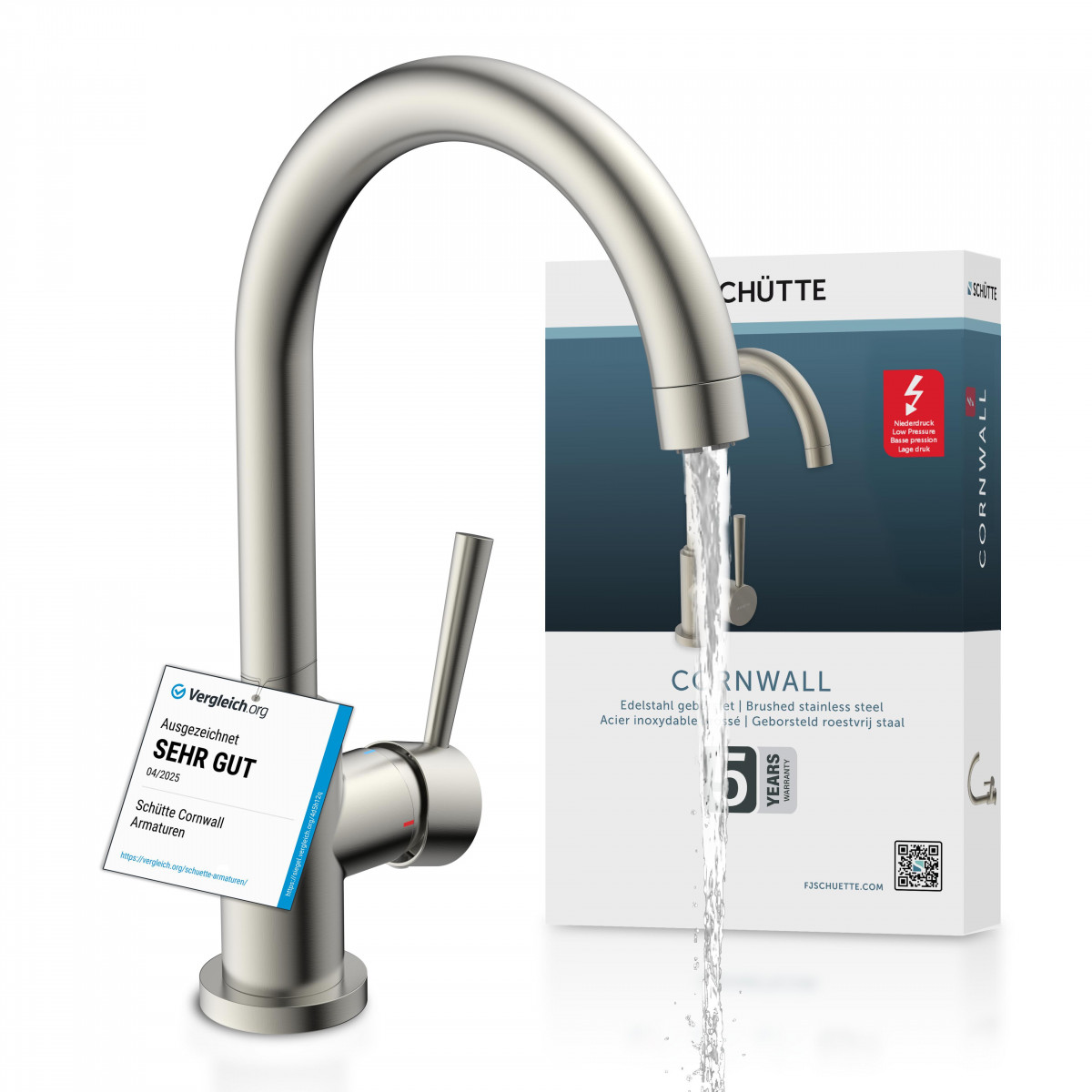 Edelstahl-Küchenarmatur mit hohem gebogenem Auslauf und seitlichem Hebel, Wasser fließt