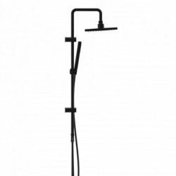 Schwarze Duschsäule mit rechteckiger Kopfbrause und Handbrause an Stange.