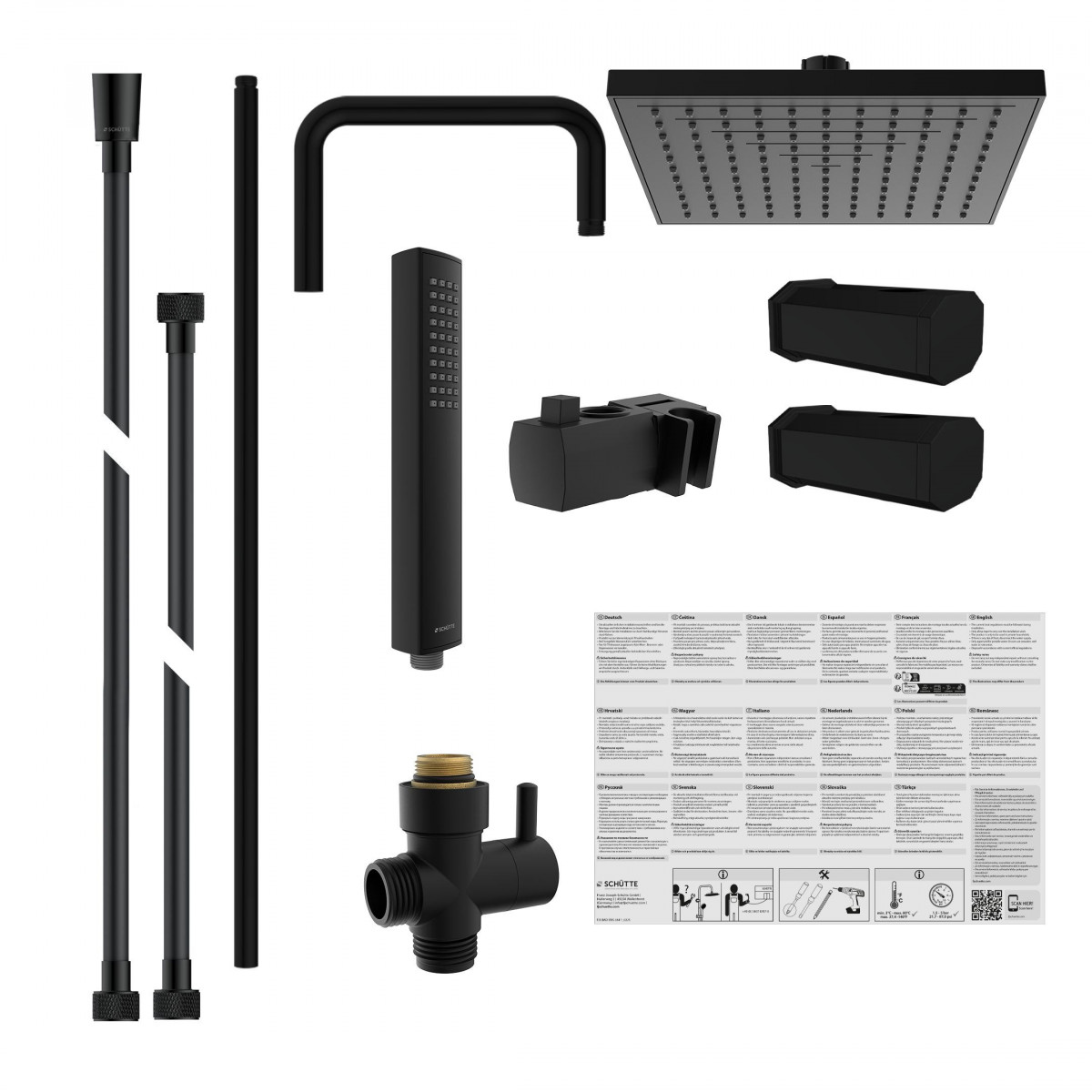 Schwarzes Duschsystem mit eckiger Kopfbrause, Handbrause, Wandarm und Zubehör
