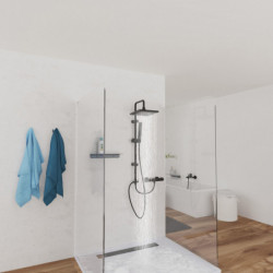 Schwarzes Duschsystem mit eckiger Kopfbrause und Handbrause in Glasdusche