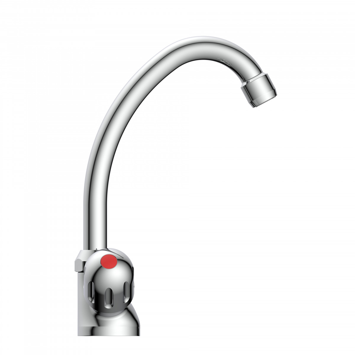 Verchromter Wasserhahn mit hohem, gebogenem Auslauf und roter Markierung am Griff.