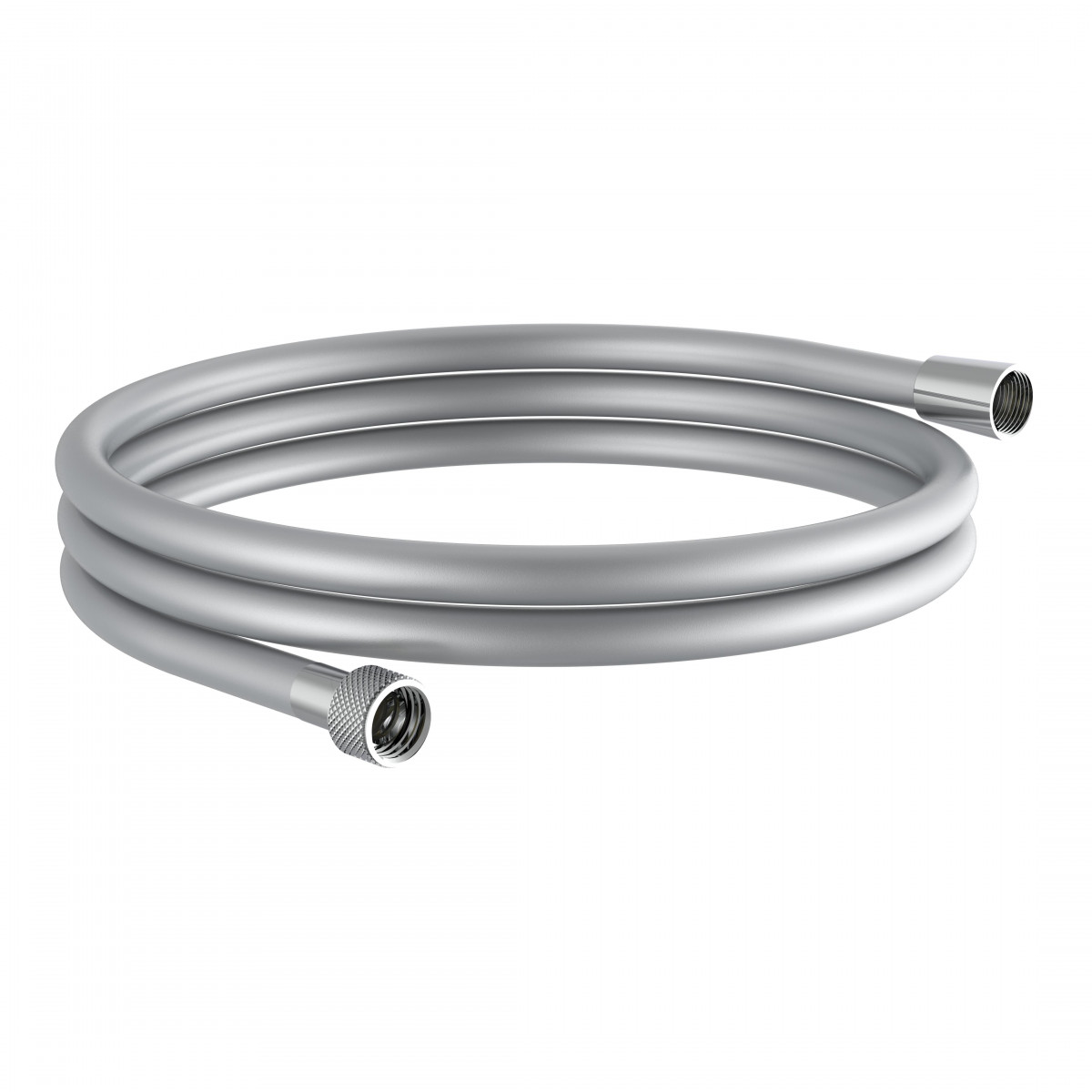 Silberfarbener Duschschlauch mit beidseitigen Metallgewinden, aufgewickelt.