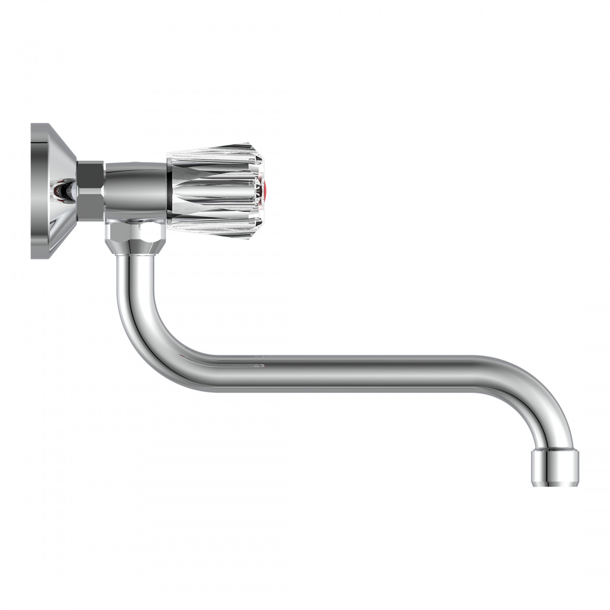 Verchromter Wandwasserhahn mit transparentem Drehgriff und gebogenem Auslauf.