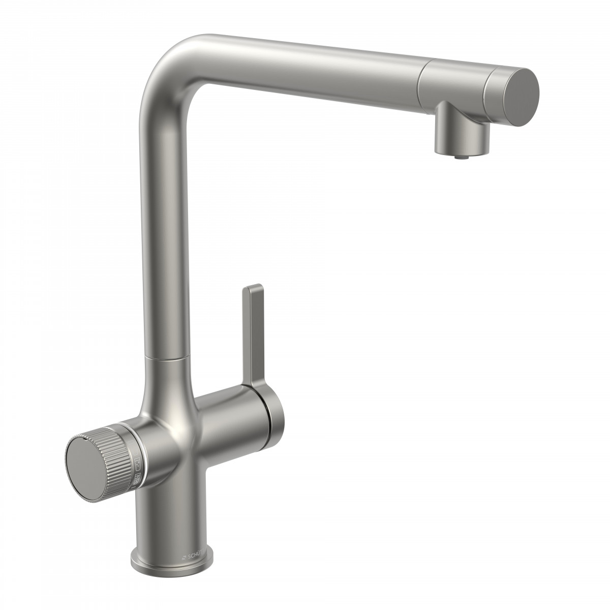 Edelstahl-Küchenarmatur mit L-förmigem Auslauf, seitlichem Hebel und Drehregler.