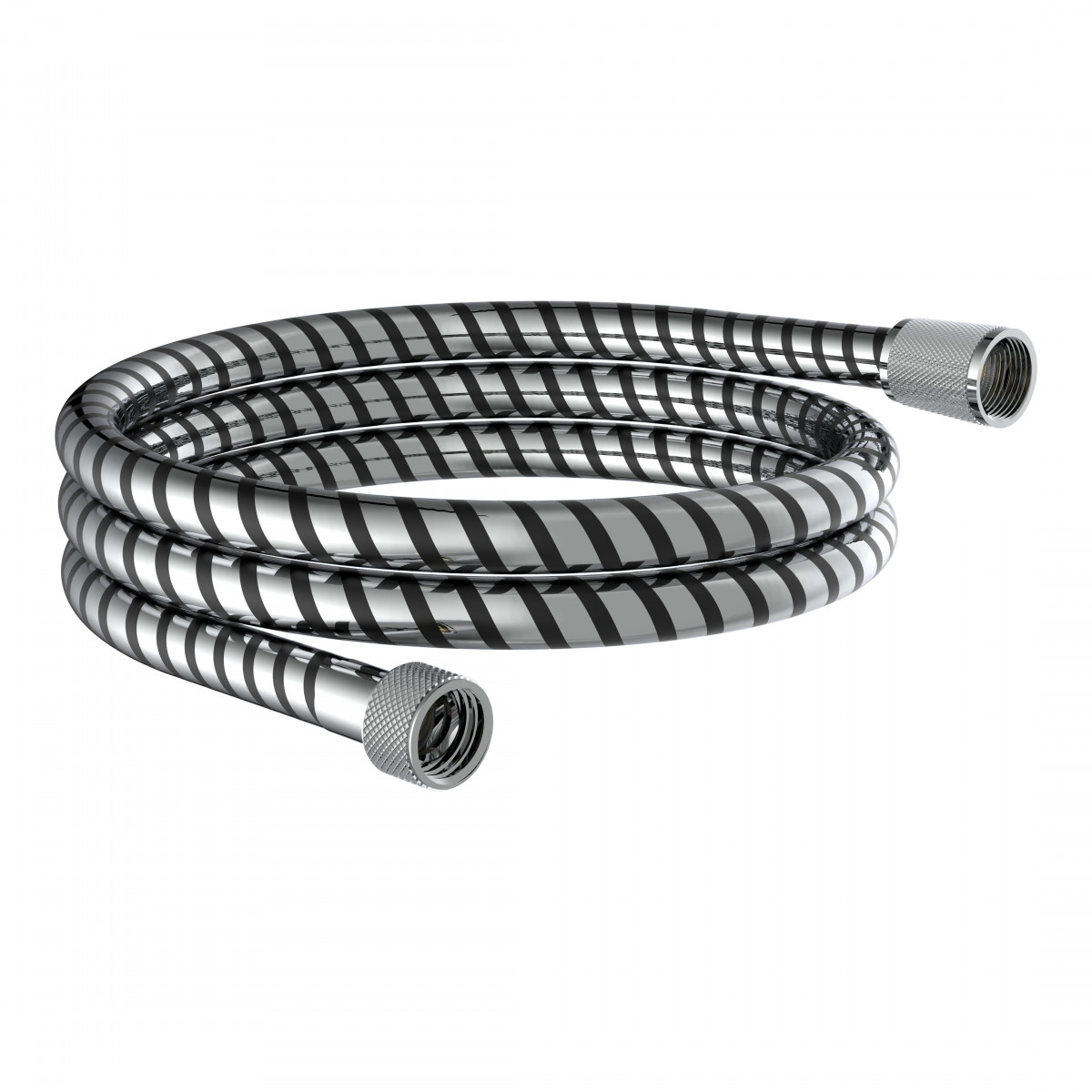 Verchromter Duschschlauch mit schwarzen Spiralstreifen und Metallgewinden.