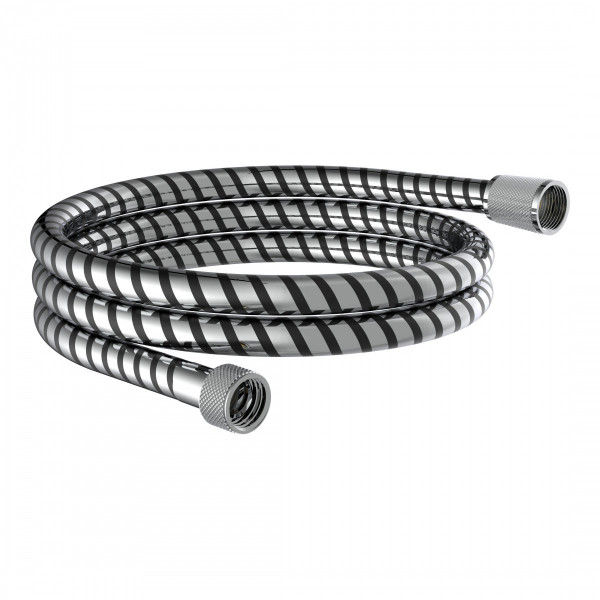 Verchromter Duschschlauch mit schwarzen Spiralstreifen und Metallgewinden.