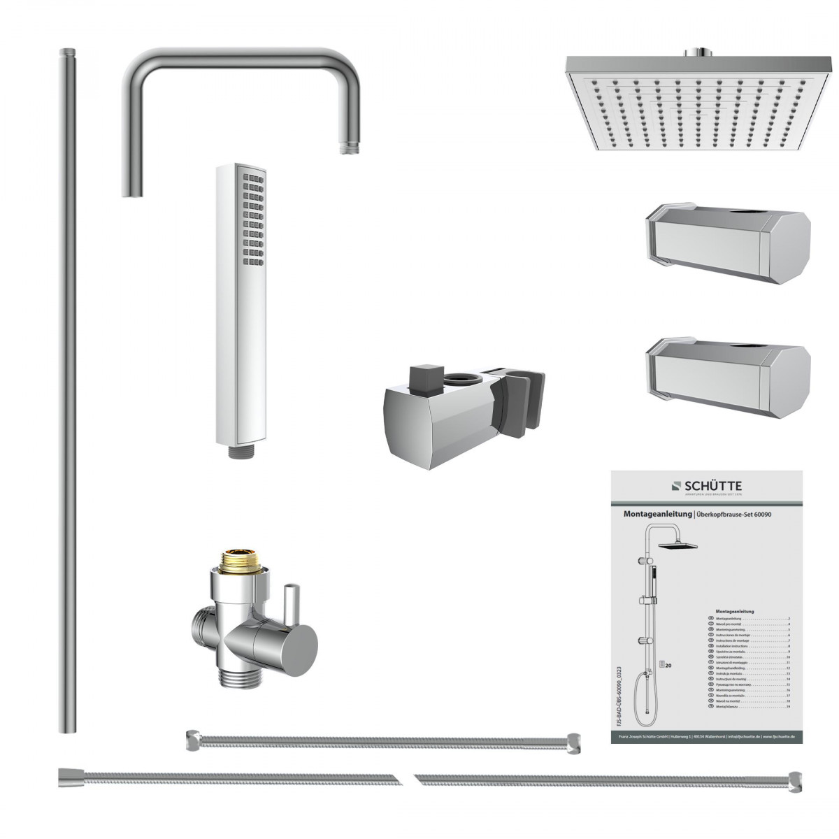 Überkopfbrause-Set mit quadratischer Kopfbrause, Handbrause, Schlauch und Armatur