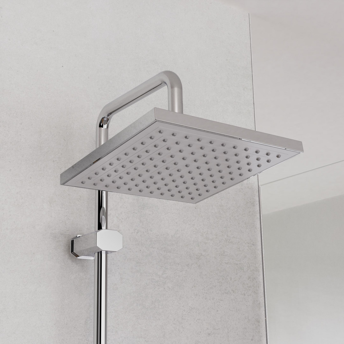 Quadratischer Duschkopf aus Metall mit Wandarm und vielen Düsen