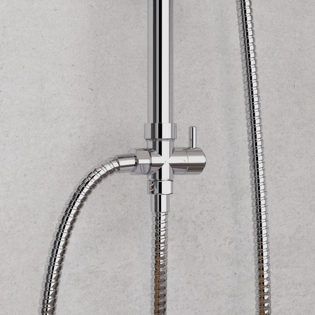 Chrom-Duschumsteller mit Hebel und zwei flexiblen Metallschläuchen an Wand