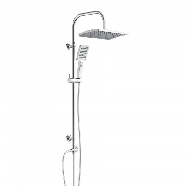 Duschsystem in Chrom mit quadratischer Kopfbrause und Handbrause an Stange