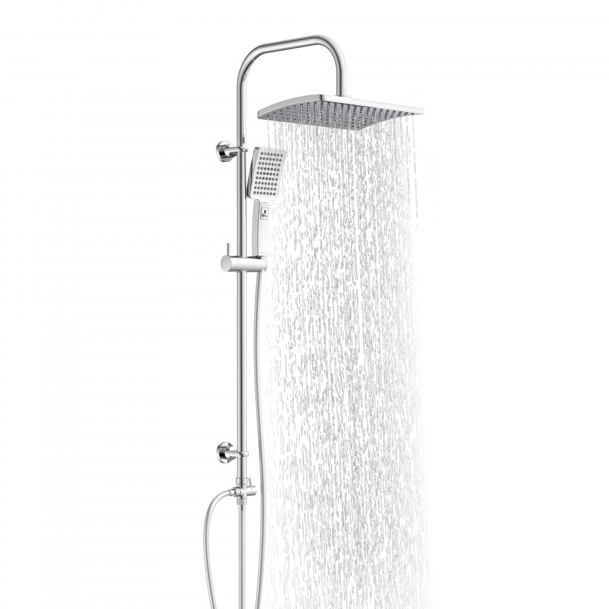 Chrom-Duschsystem mit quadratischer Kopfbrause und Handbrause, Wasserstrahl sichtbar