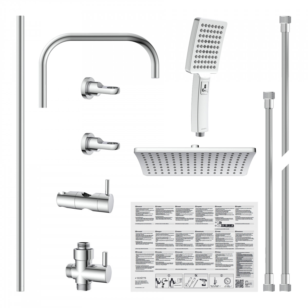 Duschsystem mit Kopfbrause, Handbrause, Thermostatarmatur, Wandhalter und Schlauch