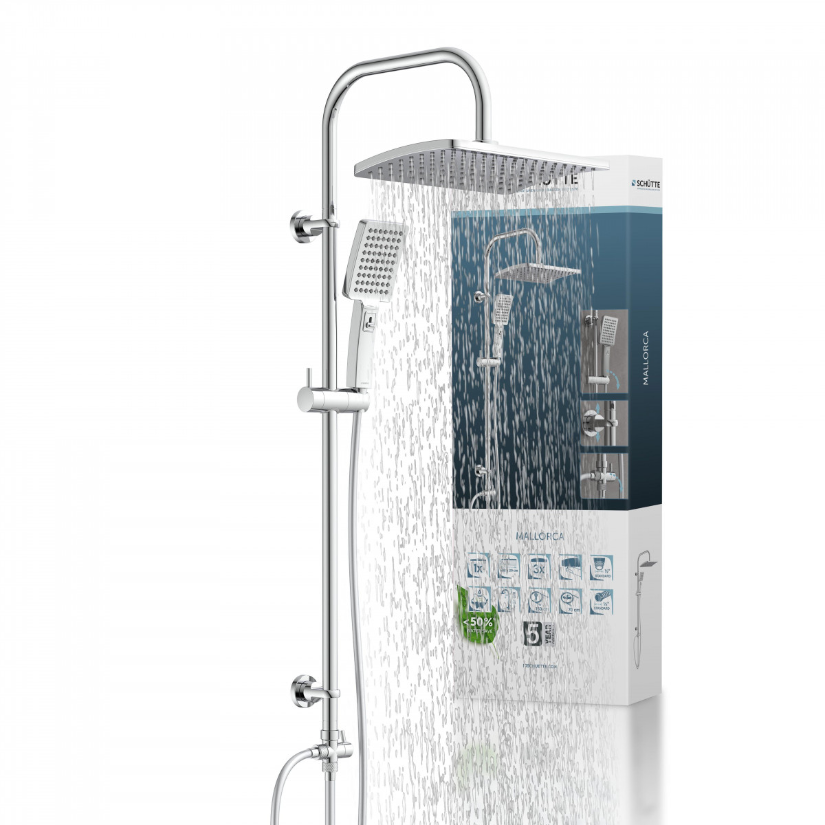 Duschsystem mit quadratischer Kopfbrause und Handbrause, verchromt, mit Wasserstrahl