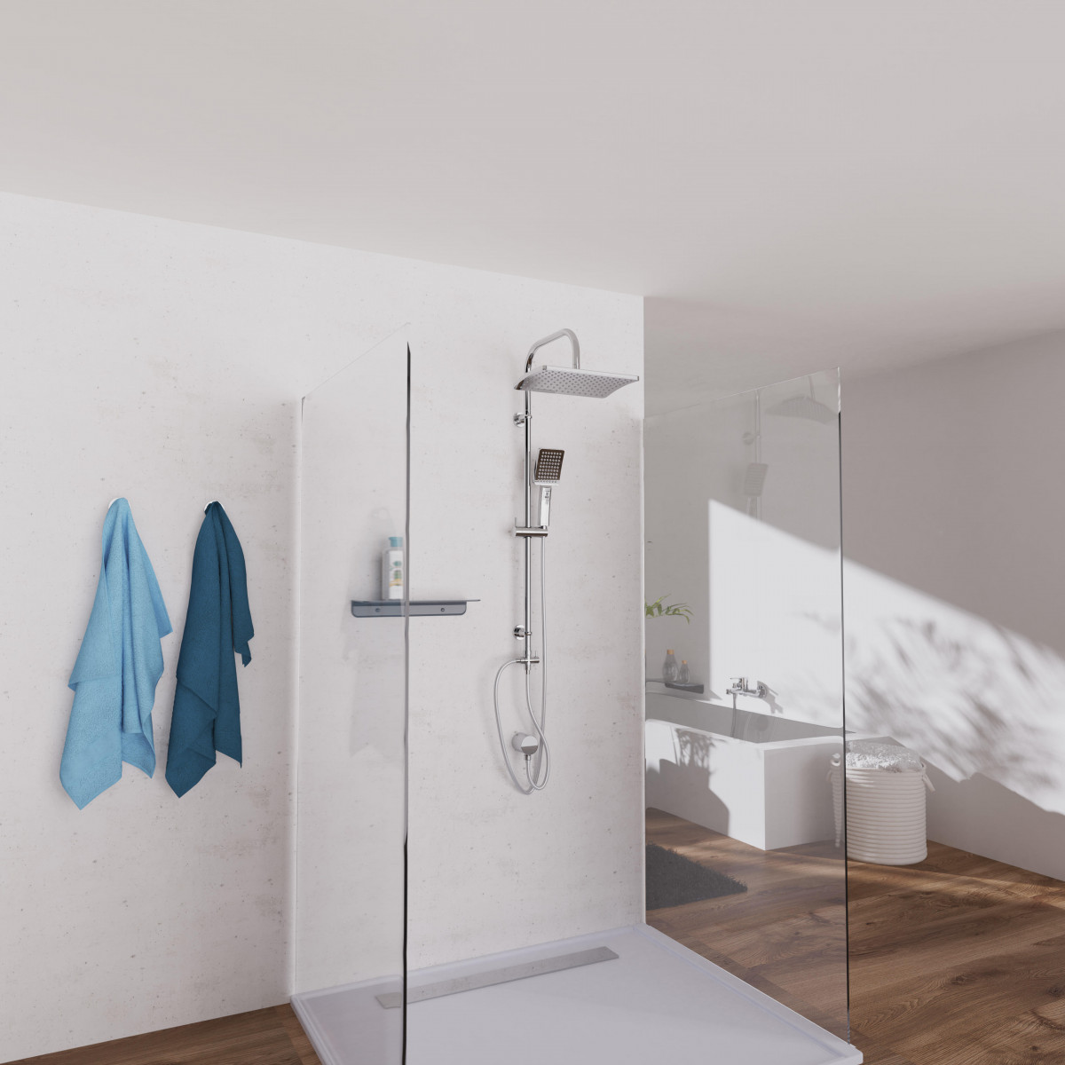 Glas-Duschkabine mit Regendusche und Handbrause an weißer Wand im Bad