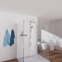 Glas-Duschkabine mit Regenduschkopf und Handbrause, daneben zwei Handtücher an der Wand.
