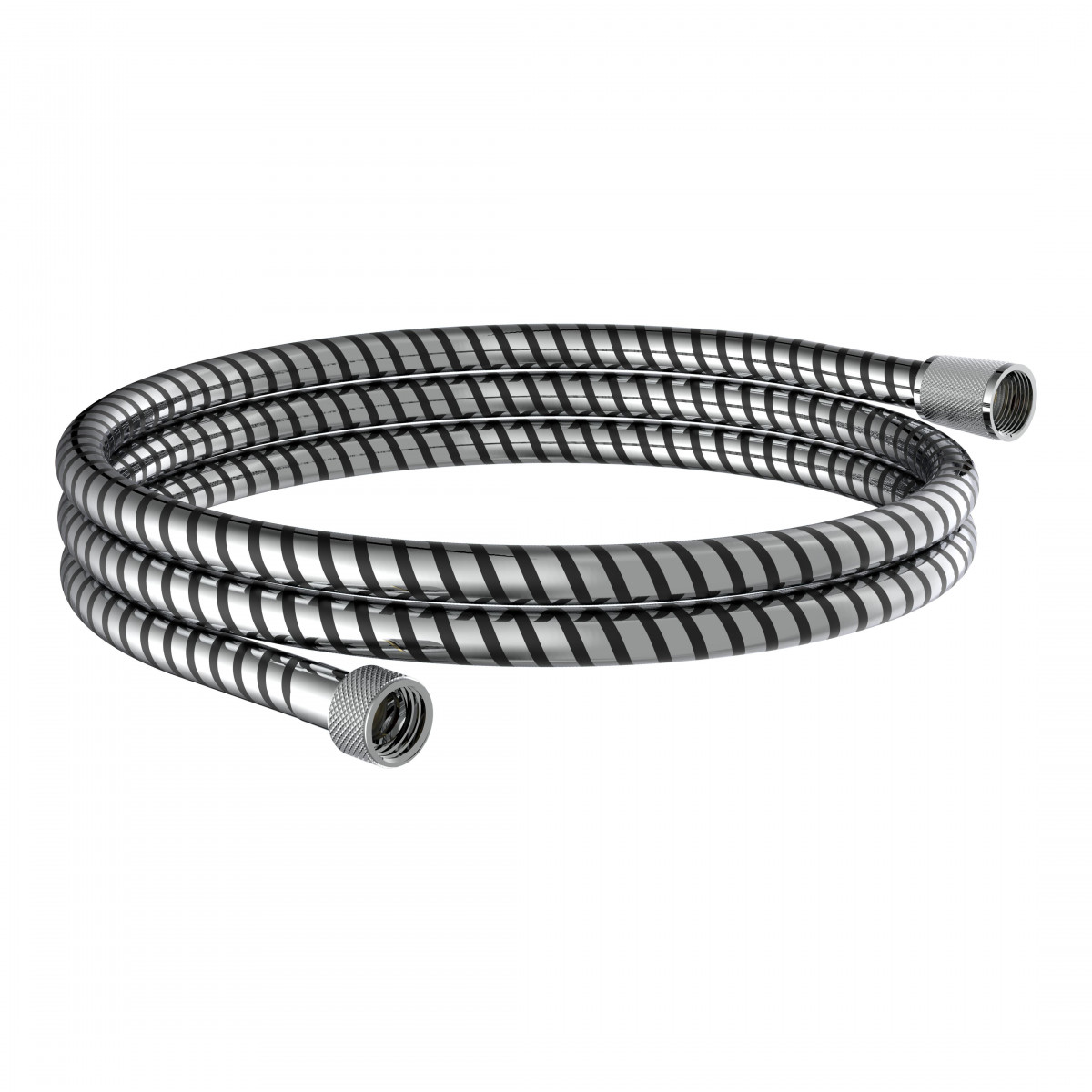 Flexibler Duschschlauch in Chrom mit schwarzen Spiralstreifen und Metallanschlüssen.