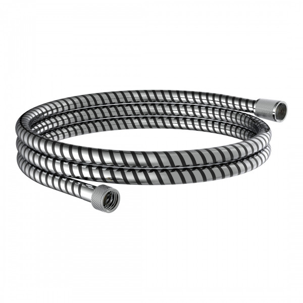 Flexibler Duschschlauch in Chrom mit schwarzen Spiralstreifen und Metallanschlüssen.