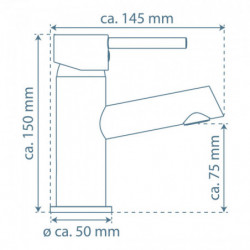 Technische Zeichnung einer Armatur mit Höhe ca. 150 mm und Sockel Ø 50 mm.