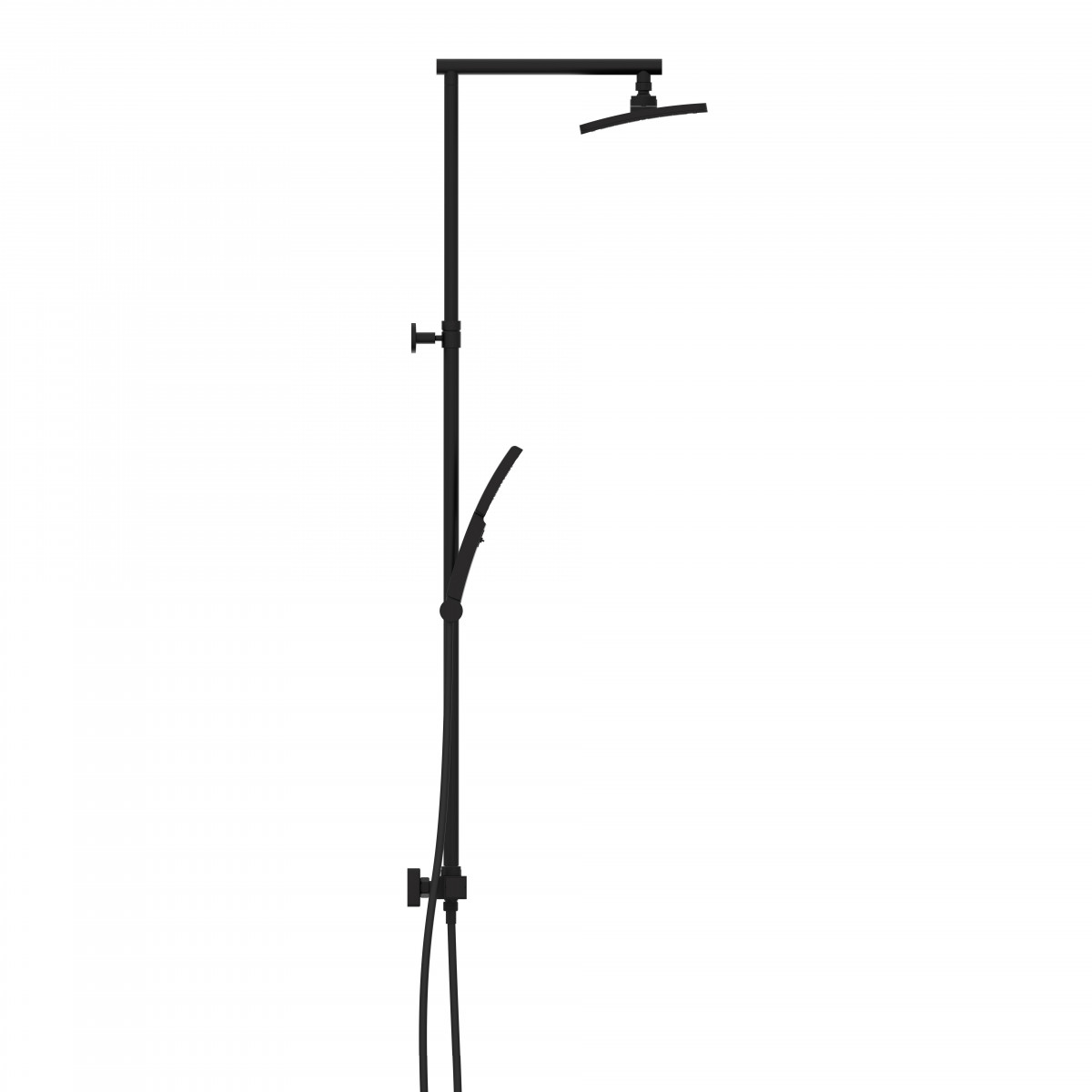 Schwarzes Duschsystem mit Kopfbrause, Handbrause und Wandstange.