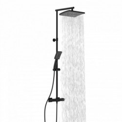 Schwarzes Duschsystem mit quadratischer Kopfbrause und Handbrause, Wasserstrahl aktiv