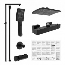 Schwarzes Duschsystem mit Kopfbrause, Handbrause, Thermostatarmatur und Wandhalterung