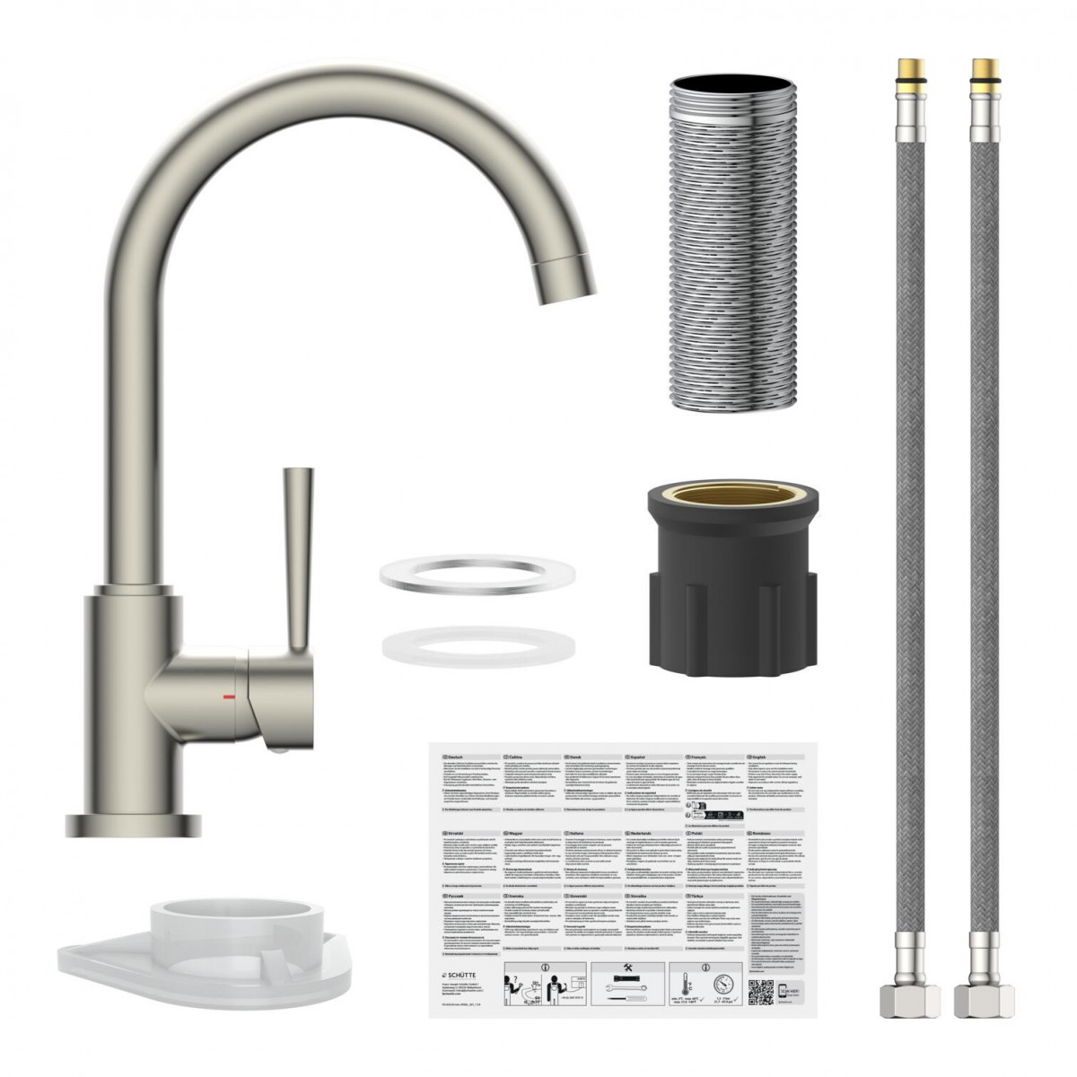 Küchenarmatur mit hohem Auslauf, Hebel und Montageset mit Schläuchen und Dichtungen