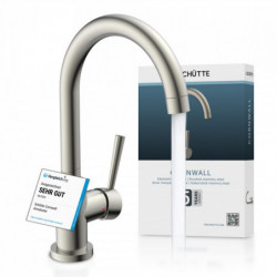 Edelstahl-Küchenarmatur mit hohem Rundbogen-Auslauf und seitlichem Hebel, Wasserstrahl sichtbar