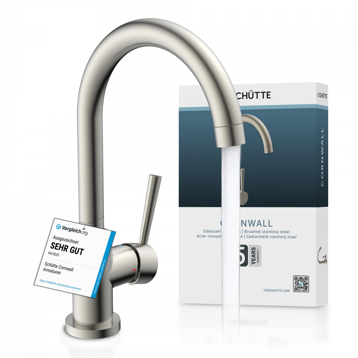 Edelstahl-Küchenarmatur mit hohem Rundbogen-Auslauf und seitlichem Hebel, Wasserstrahl sichtbar