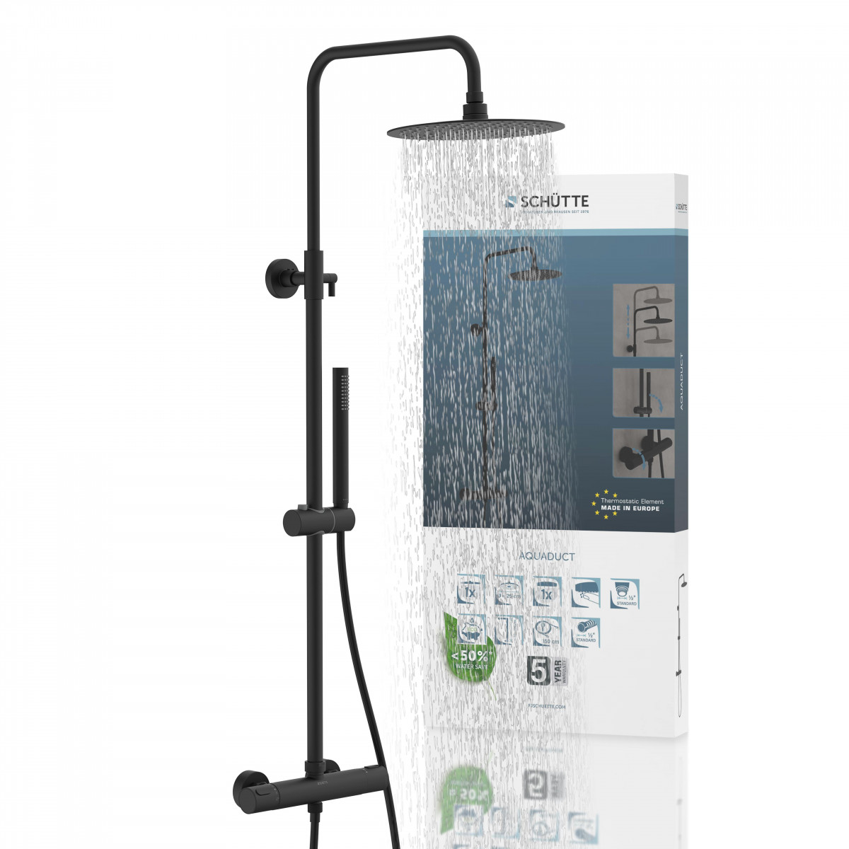 Schwarzes Duschsystem mit Regendusche, Handbrause und Thermostatarmatur neben Verpackung