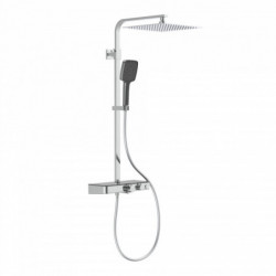 Chromfarbenes Duschsystem mit quadratischer Kopfbrause, Handbrause und Thermostatarmatur.