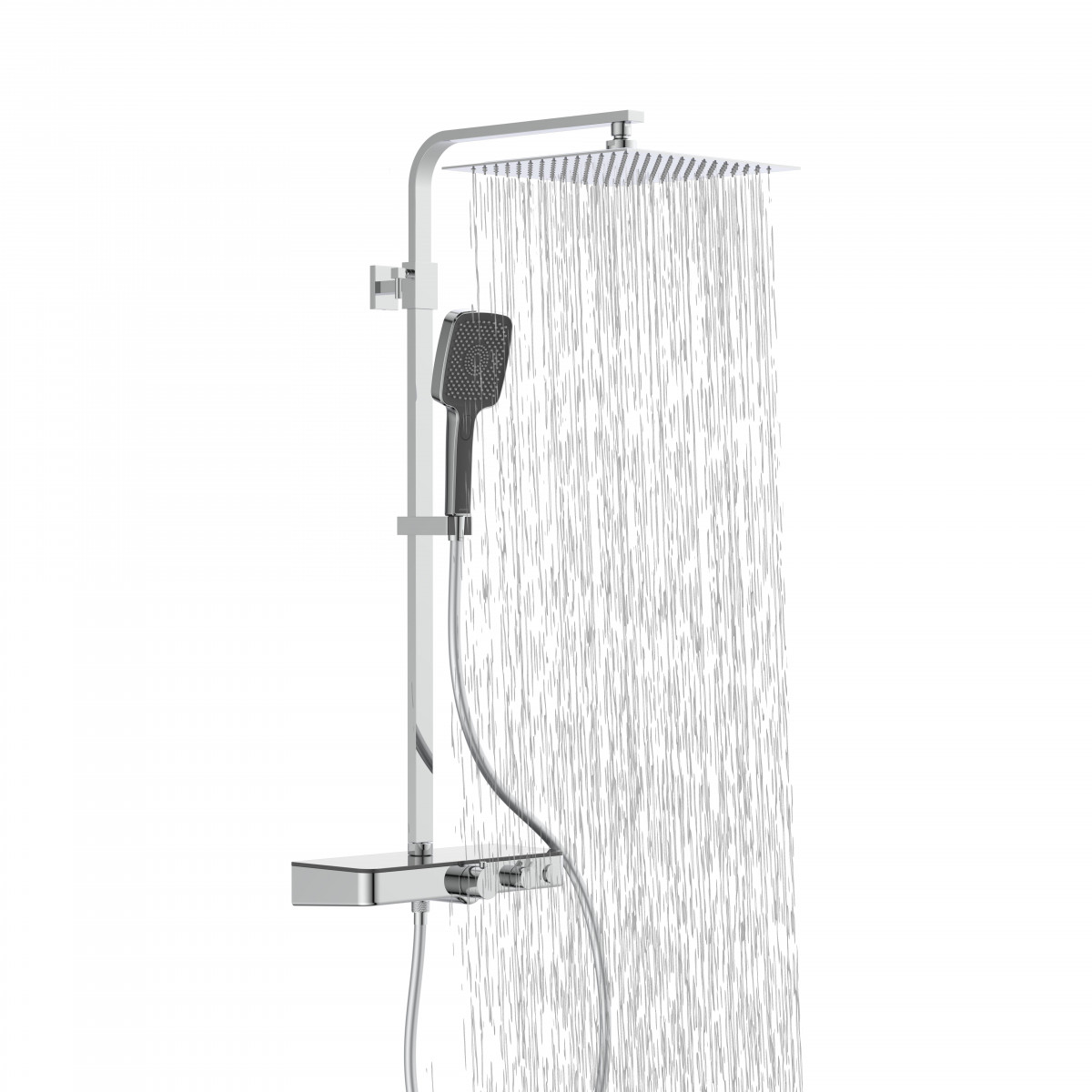 Duschsystem mit quadratischem Regenduschkopf und Handbrause Thermostat mit Ablage , Wasser läuft aus dem Duschkopf.