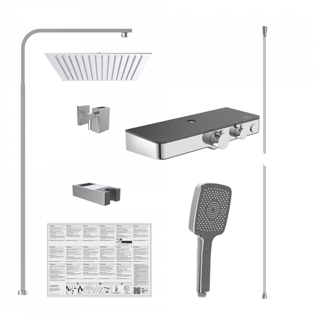 Duschsystem-Set mit eckiger Kopfbrause, Handbrause, Thermostat, Halterungen und Montageanleitung.