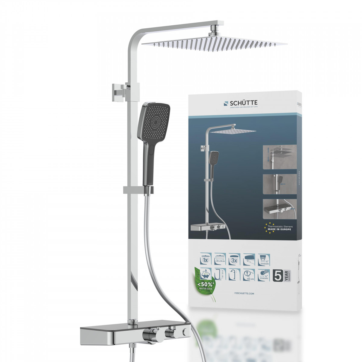 Chromfarbenes Duschsystem mit quadratischer Kopfbrause, Handbrause und Produktverpackung - Schütte.