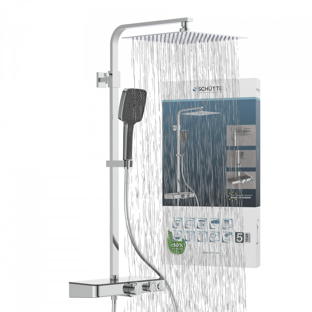 Duschsystem aus Chrom mit eckigem Duschkopf, Handbrause, Thermostat und fallendem Wasser vor Verpackung.