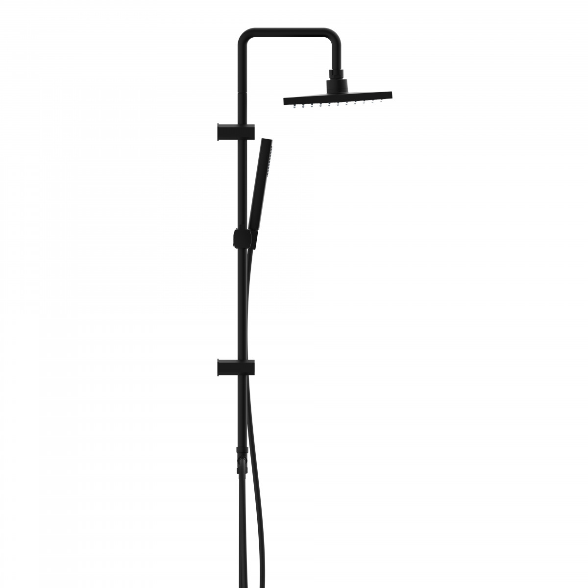 Schwarze Duschsäule mit rechteckiger Kopfbrause und Handbrause an Stange.