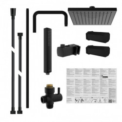 Schwarzes Duschsystem mit eckiger Kopfbrause, Handbrause, Wandarm und Zubehör