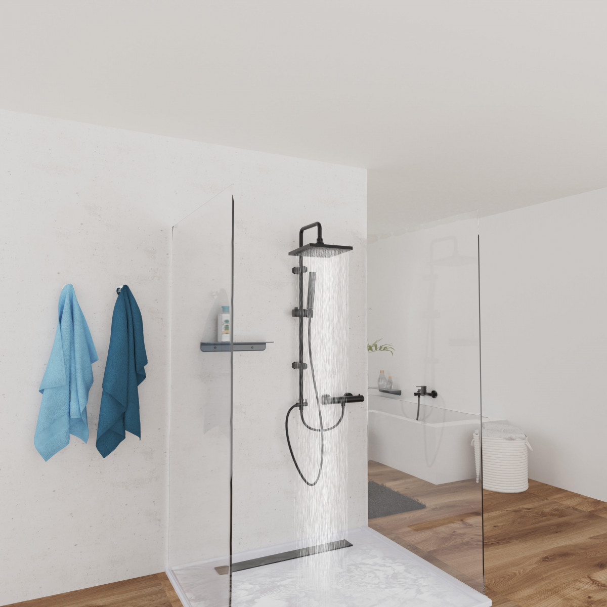 Schwarzes Duschsystem mit eckiger Kopfbrause und Handbrause in Glasdusche