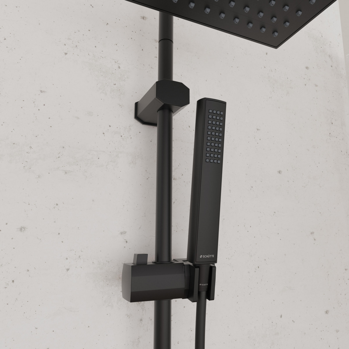 Schwarzes Duschsystem mit quadratischer Kopfbrause und Handbrause an Stange.
