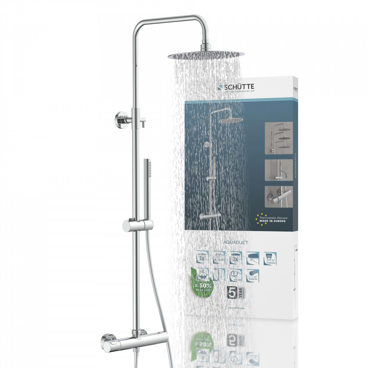 Chrom-Duschsystem mit Regendusche, Handbrause und Thermostatarmatur neben Verpackung