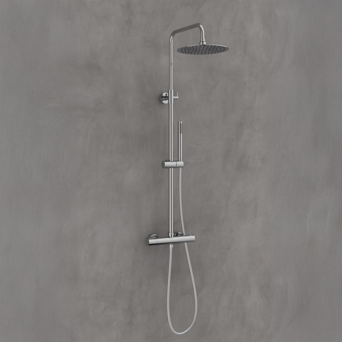 Chrom-Duschsystem mit runder Kopfbrause, Handbrause und Thermostatarmatur an grauer Wand