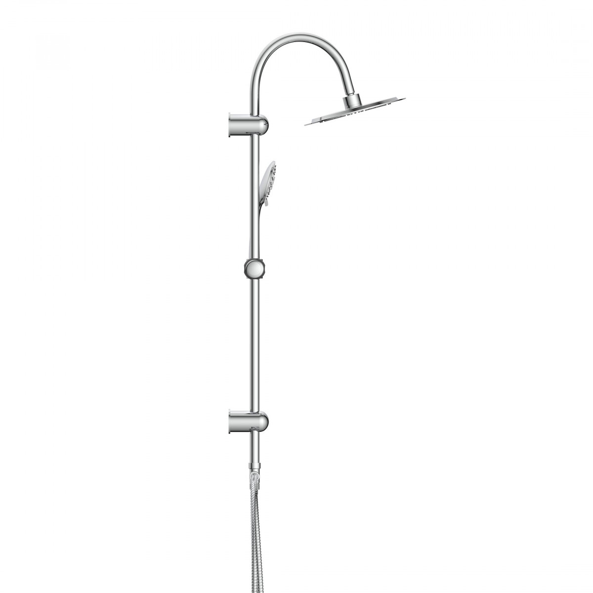 Verchromtes Duschsystem mit quadratischer Kopfbrause, Handbrause und Schlauch