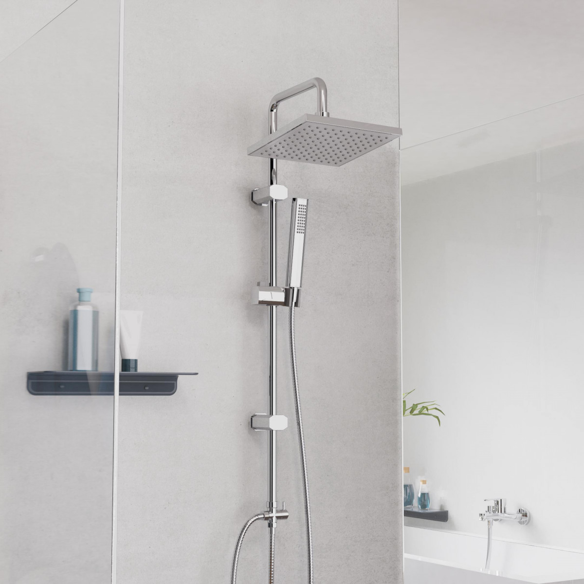 Duschsystem mit quadratischer Kopfbrause und Handbrause an Wandstange im Bad.