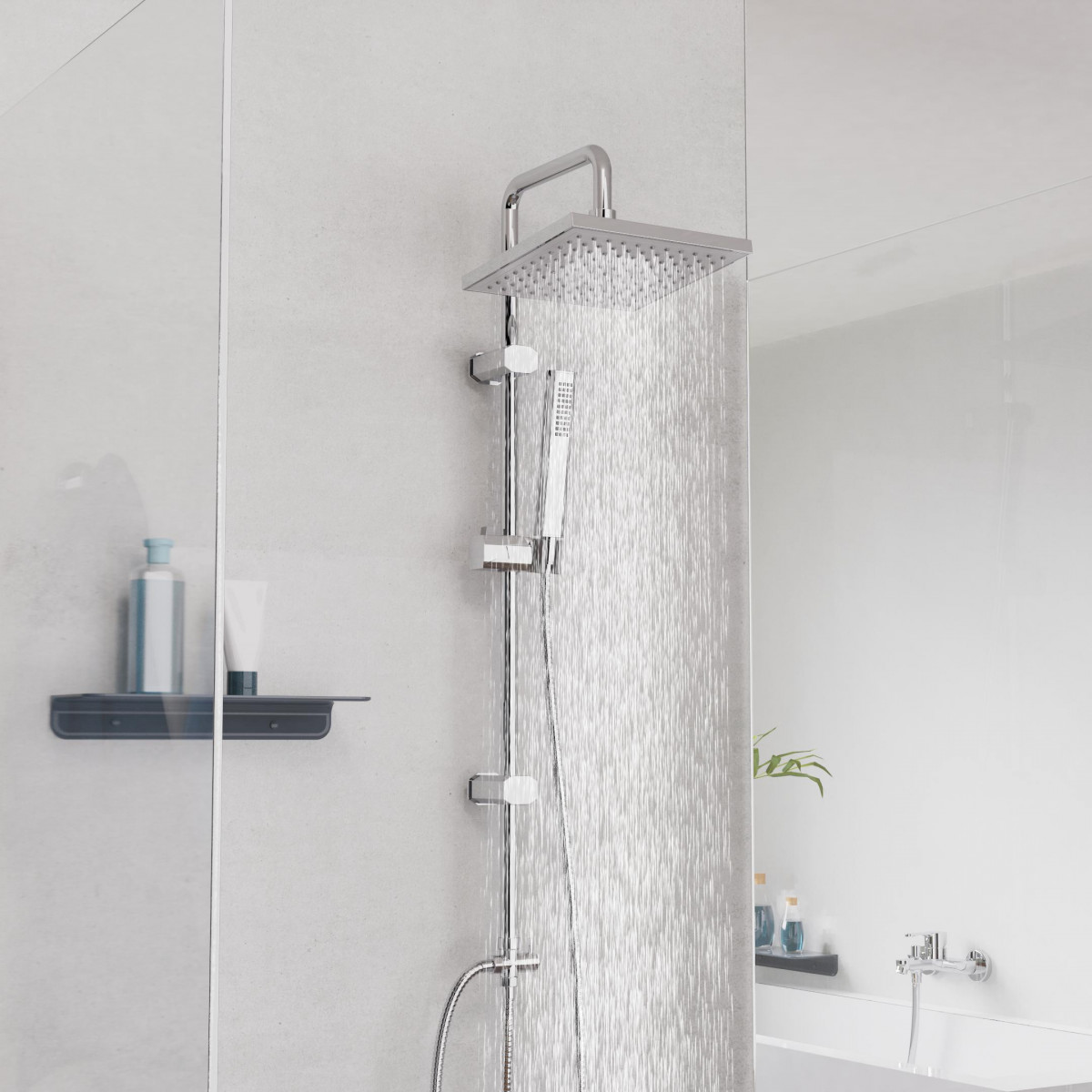 Duschsystem mit quadratischer Kopfbrause und Handbrause, Wasser läuft aus beiden Brausen