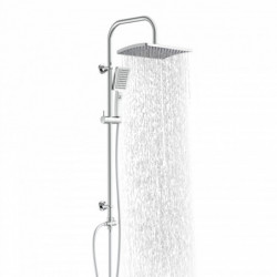 Chrom-Duschsystem mit quadratischer Kopfbrause und Handbrause, Wasserstrahl sichtbar