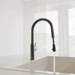 Schwarze Küchenarmatur mit gebogenem Auslauf und herausziehbarem Brauseschlauch aus dem Wasser fleißt