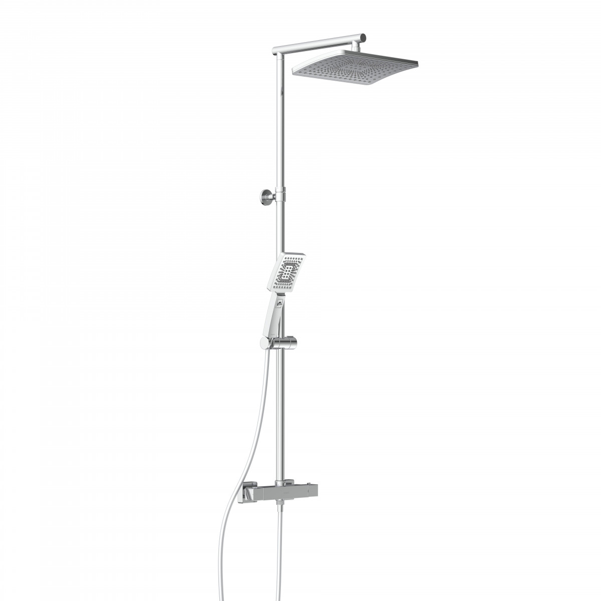 Duschsystem in Chrom mit quadratischer Kopfbrause und Handbrause an Stange