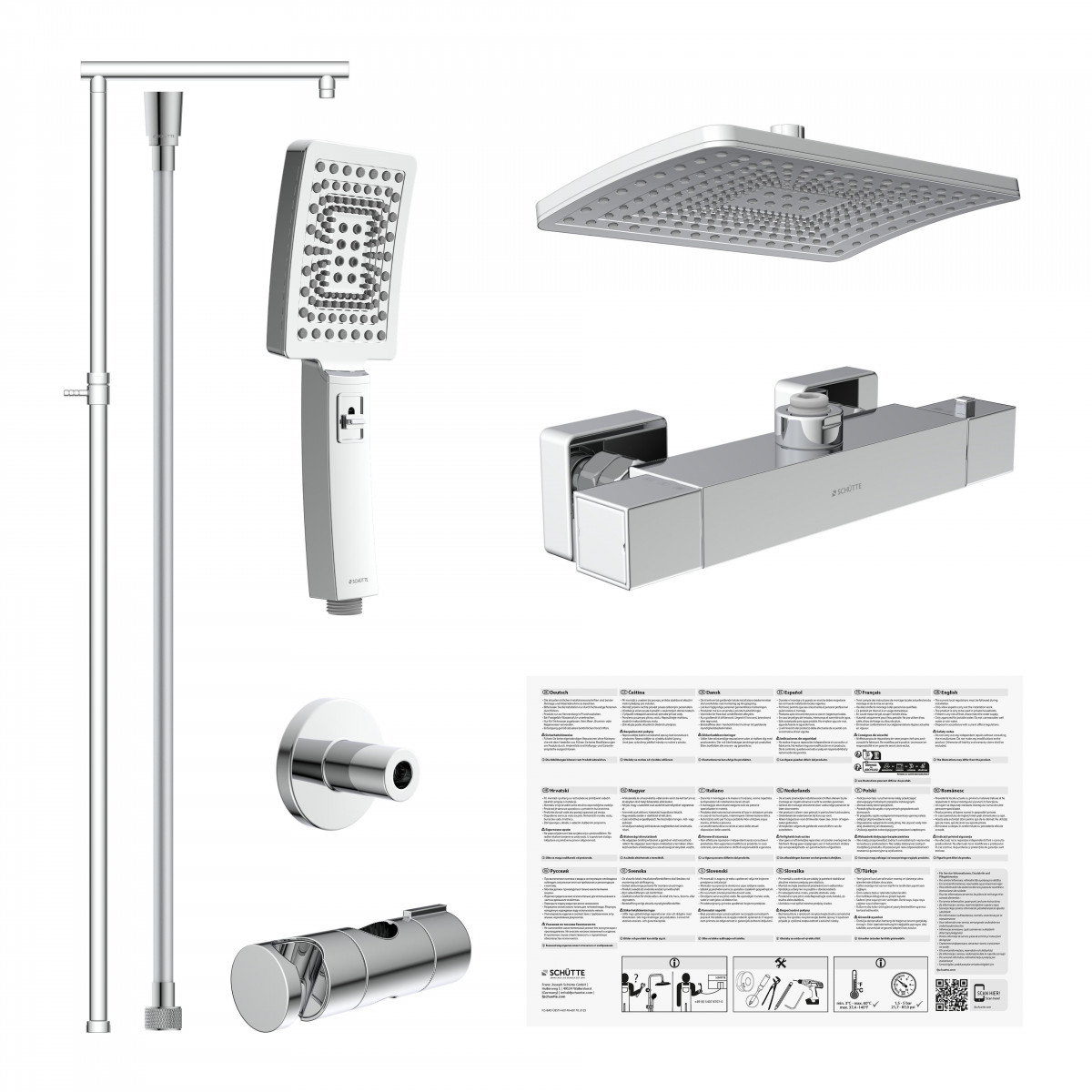 Duschsystem mit Kopfbrause, Handbrause, Thermostatarmatur und Brausestange in Chrom